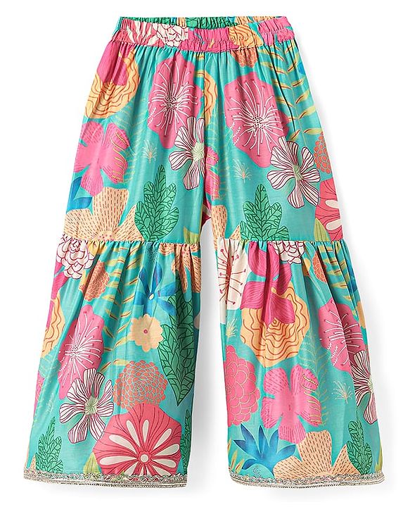Babyhug Woven Singlet Sleeves Floral Printed Kurti Gharara Set with Dupatta - Mint Green