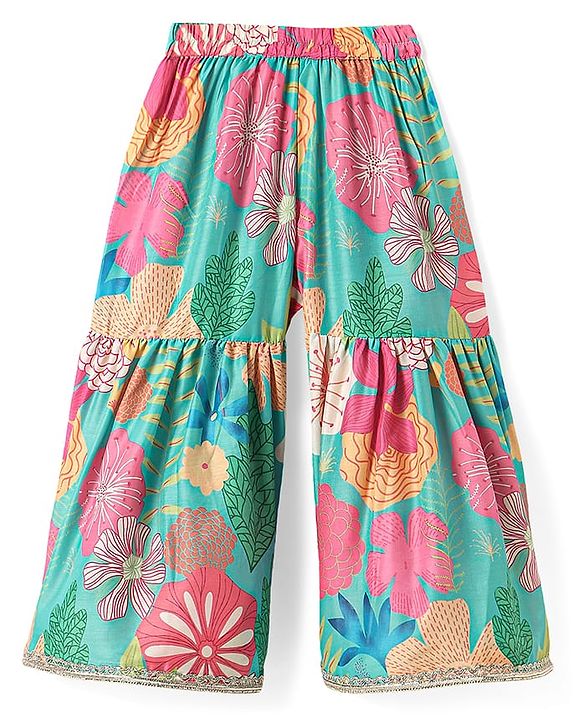 Babyhug Woven Singlet Sleeves Floral Printed Kurti Gharara Set with Dupatta - Mint Green
