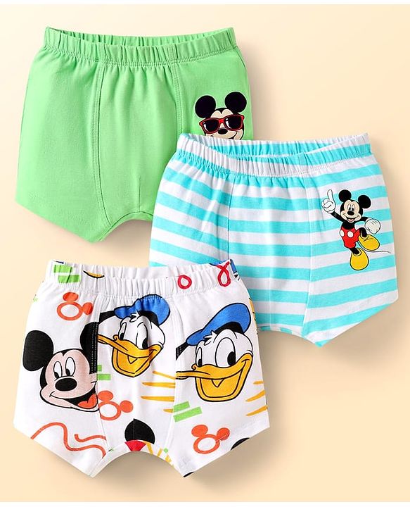 Babyhug Disney Interlock Knit Trunks With Mickey Mouse Print Pack Of 3 - White Light Blue & Light Green
