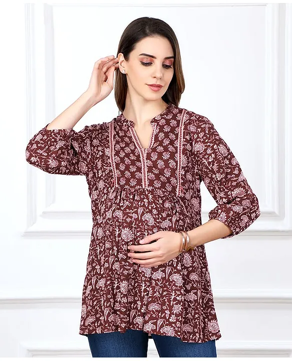 Bella Mama Woven Three Fourth Sleeves Maternity Top with Pocket