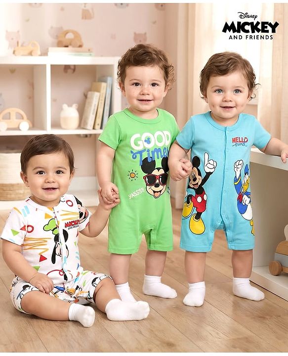 Babyhug Disney Interlock Knit Half Sleeves Rompers With Mickey Mouse Graphics Pack Of 3 - Light Blue & White