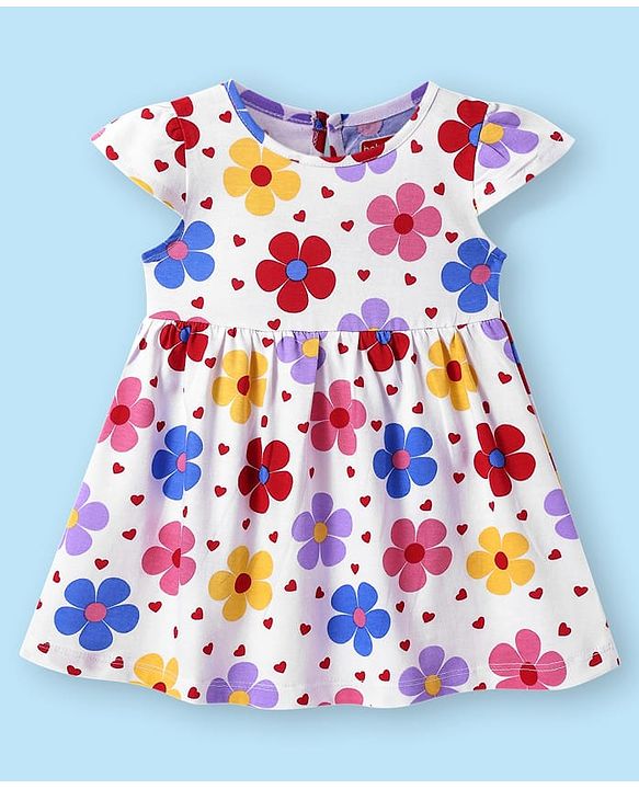 Babyhug Cotton Knit Cap Sleeves Floral & Polka Dot Printed Dresses With Bow Applique Pack of 2 - Red & White