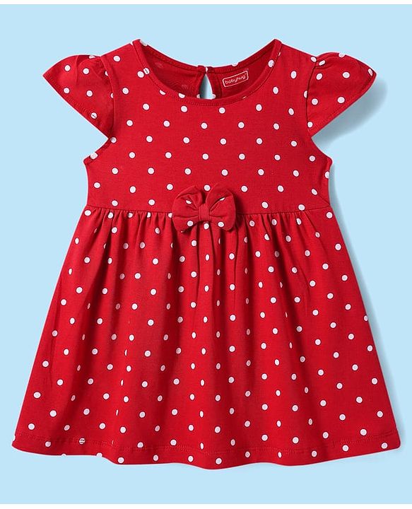 Babyhug Cotton Knit Cap Sleeves Floral & Polka Dot Printed Dresses With Bow Applique Pack of 2 - Red & White
