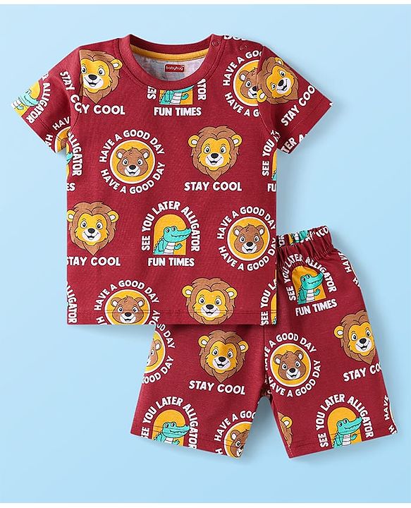 Babyhug Cotton Knit Half Sleeves Co-Ords Shorts Night Suit Bear Print - Maroon