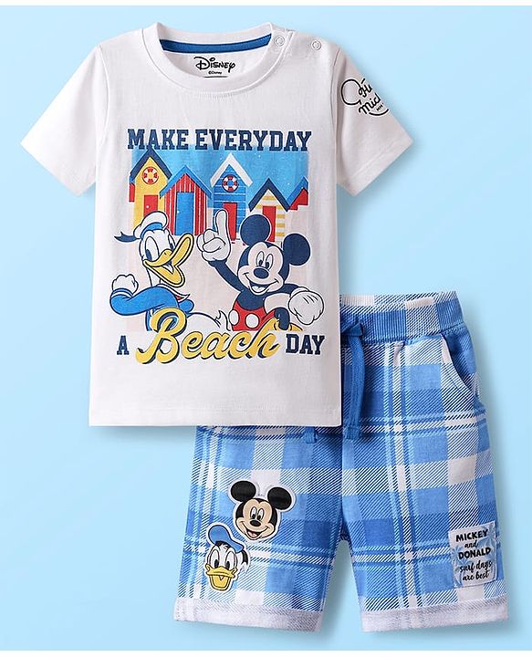 Babyhug Disney Single Jersey Knit Half Sleeves T-Shirt & Shorts Set With Mickey Mouse Graphics & Badge Detailing - White & Blue