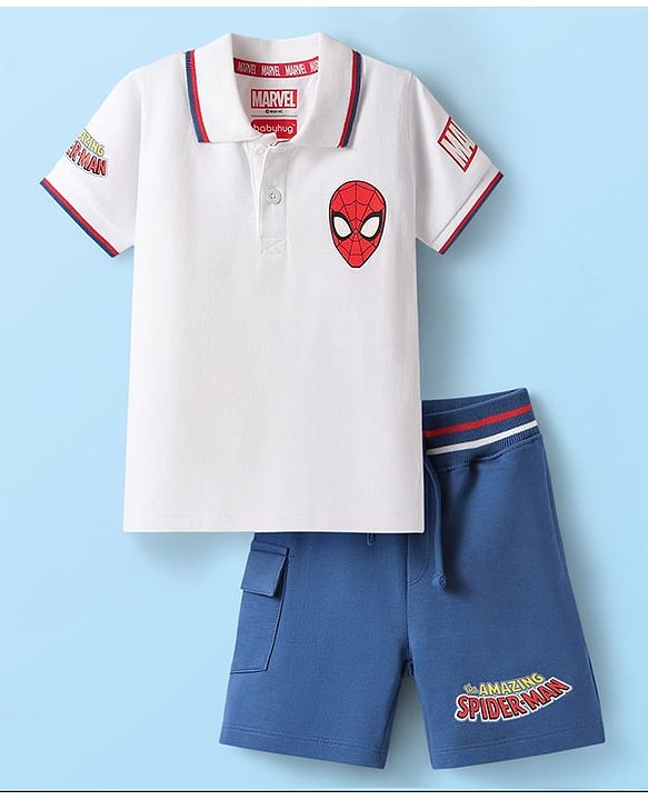 Babyhug Marvel Single Jersey Knit Half Sleeves Polo T-Shirt & Shorts Set With Spider-Man Graphics & HD Print Detailing - White & Blue