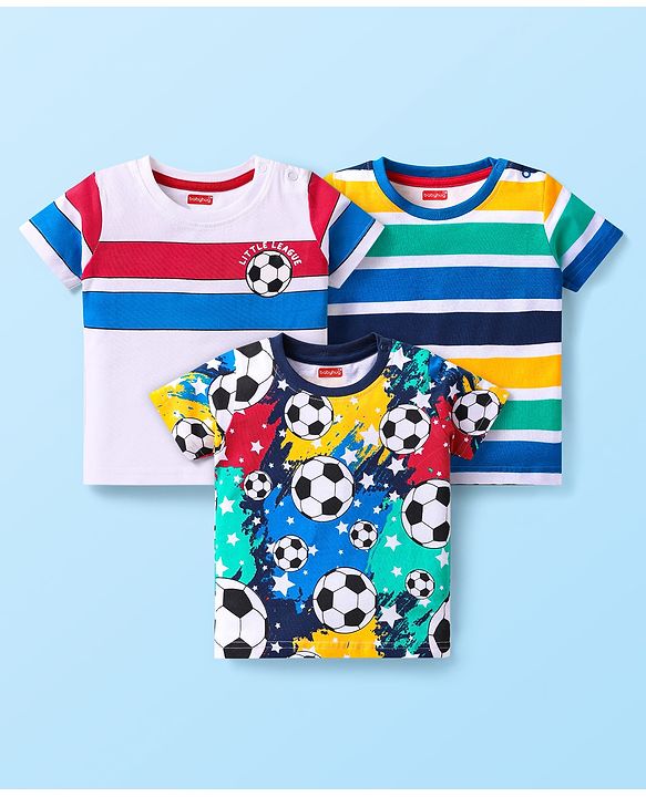 Babyhug Cotton Knit Half Sleeves T-Shirts with Football Print & Stripes Pack of 3 - Multicolor