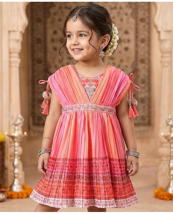 Babyhug Woven Sleeveless Floral Printed & Embellished Ethnic Dress - Orange