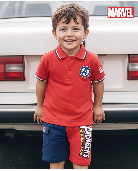 Babyhug Marvel Single Jersey Knit Half Sleeves Polo T-Shirt & Shorts Set With Avengers Graphics - Red & Blue