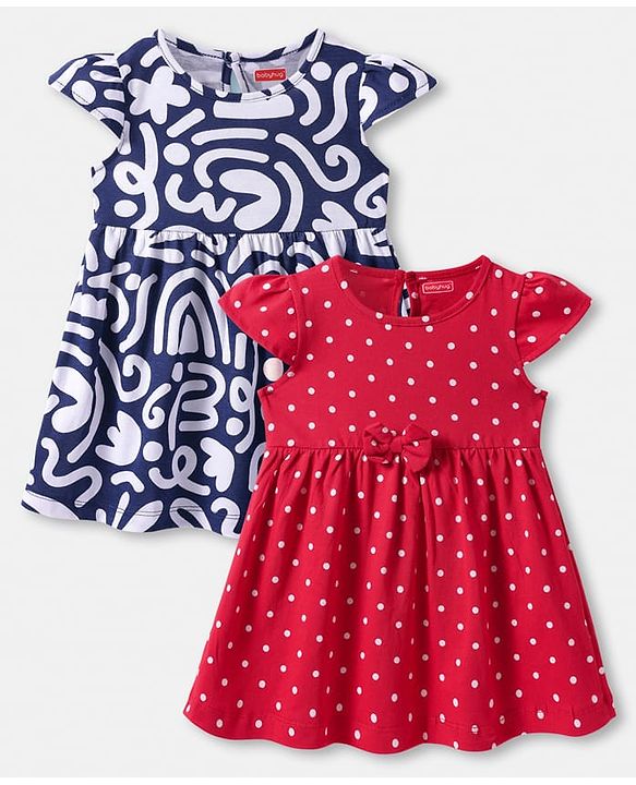 Babyhug 100% Cotton Single Jersey Knit Cap Sleeves Polka Dot Printed Dresses With Bow Applique Pack of 2 - Red & White