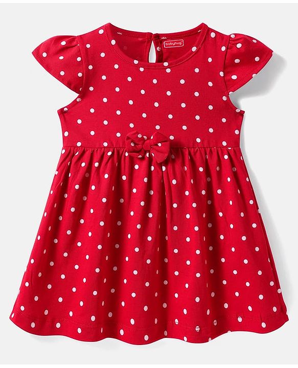 Babyhug 100% Cotton Single Jersey Knit Cap Sleeves Polka Dot Printed Dresses With Bow Applique Pack of 2 - Red & White