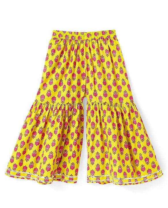 Babyhug Cotton Woven Three Fourth Sleeves Kurta & Gharara Set & Dupatta with Floral Print & Lace Detailing - Yellow & Pink