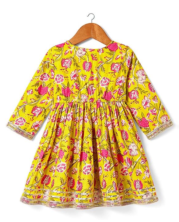 Babyhug Cotton Woven Three Fourth Sleeves Kurta & Gharara Set & Dupatta with Floral Print & Lace Detailing - Yellow & Pink