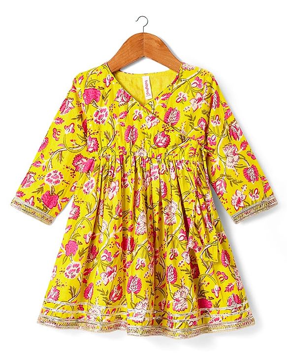 Babyhug Cotton Woven Three Fourth Sleeves Kurta & Gharara Set & Dupatta with Floral Print & Lace Detailing - Yellow & Pink