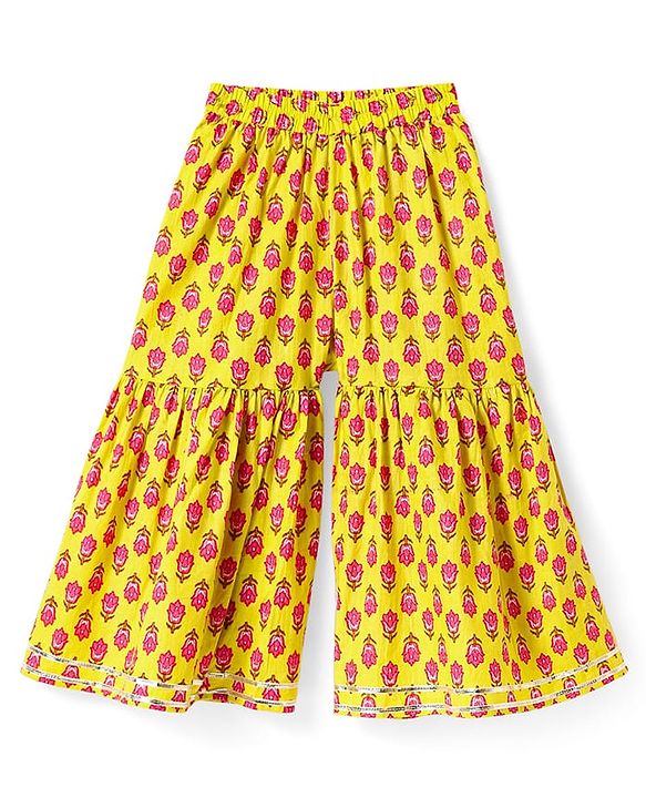Babyhug Cotton Woven Three Fourth Sleeves Kurta & Gharara Set & Dupatta with Floral Print & Lace Detailing - Yellow & Pink