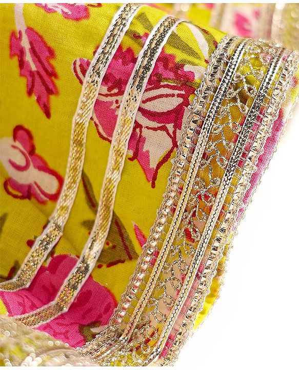 Babyhug Cotton Woven Three Fourth Sleeves Kurta & Gharara Set & Dupatta with Floral Print & Lace Detailing - Yellow & Pink