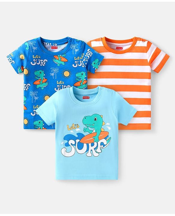Babyhug Cotton Knit Half Sleeves T-Shirts With Stripes & Dino Print Pack Of 3 - Blue & Orange