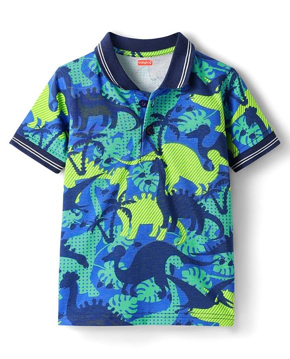 Babyhug Cotton Knit Half Sleeves Polo T-Shirt With Dino Print - Blue