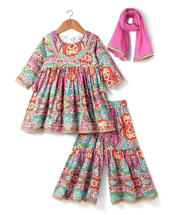 Babyhug Cotton Woven Three Fourth Sleeves Kurta Gharara Set with Floral Print - Pink Yellow & Red
