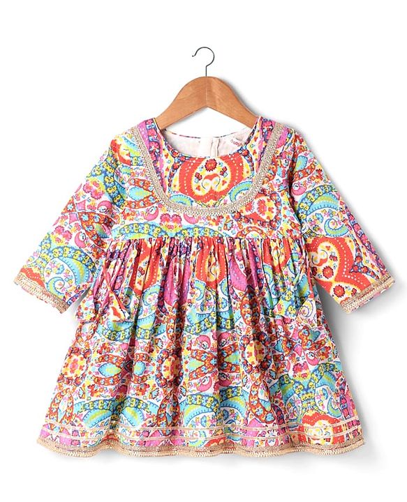 Babyhug Cotton Woven Three Fourth Sleeves Kurta Gharara Set with Floral Print - Pink Yellow & Red