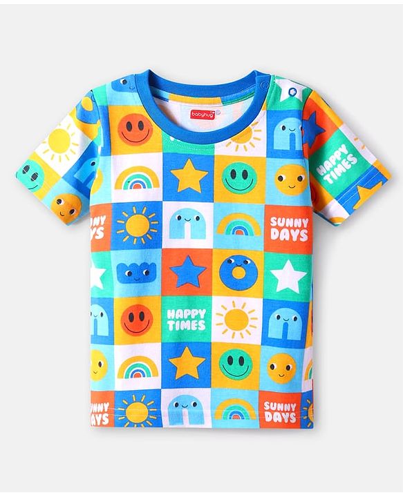 Babyhug Cotton Knit Half Sleeves Summer Printed T-Shirt - White & Blue