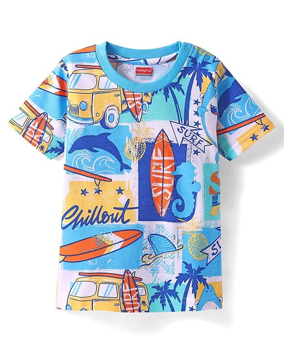 Babyhug Cotton Knit Half Sleeves T-Shirt with Beach Theme Print -  Blue