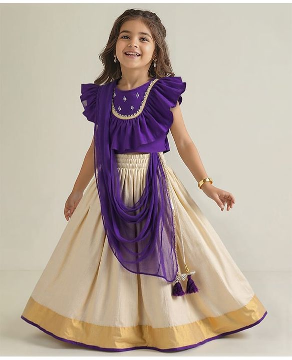 Babyhug Woven Short Sleeves Brocade Pattu Pavada Lehenga Choli & Dupatta Set with Floral Embroidery - Purple & Beige