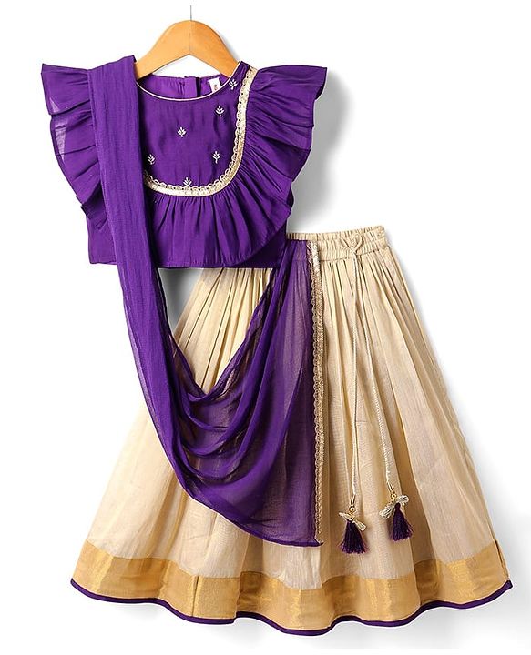 Babyhug Woven Short Sleeves Brocade Pattu Pavada Lehenga Choli & Dupatta Set with Floral Embroidery - Purple & Beige