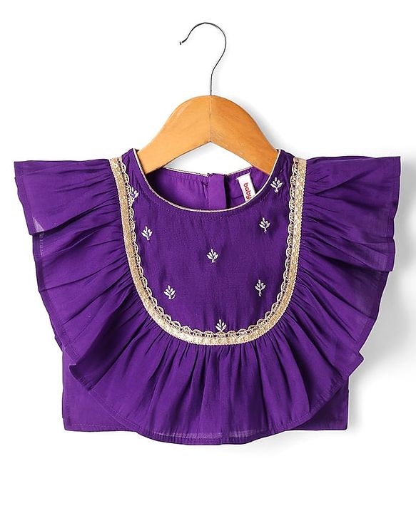 Babyhug Woven Short Sleeves Brocade Pattu Pavada Lehenga Choli & Dupatta Set with Floral Embroidery - Purple & Beige