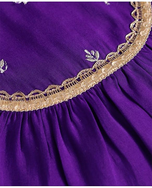 Babyhug Woven Short Sleeves Brocade Pattu Pavada Lehenga Choli & Dupatta Set with Floral Embroidery - Purple & Beige
