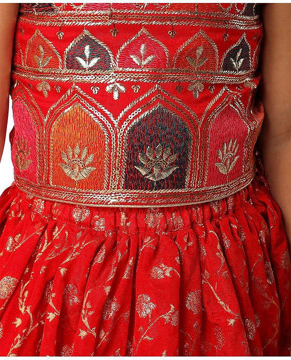 Babyhug Woven Sleeveless Choli  Lehenga and Dupatta Set with Embroidery & Sequin Design - Red