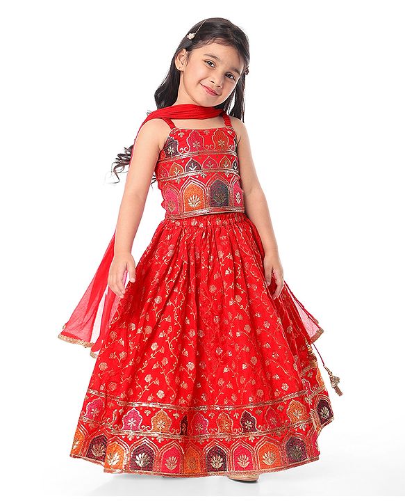 Babyhug Woven Sleeveless Choli  Lehenga and Dupatta Set with Embroidery & Sequin Design - Red