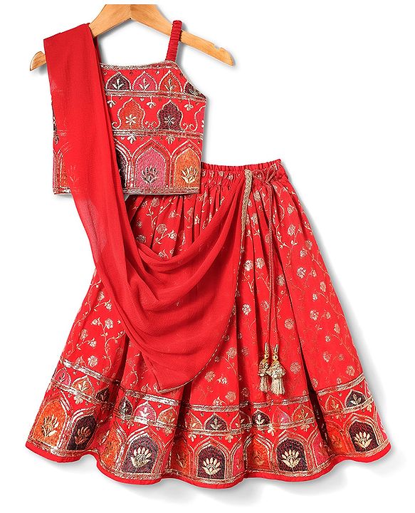 Babyhug Woven Sleeveless Choli  Lehenga and Dupatta Set with Embroidery & Sequin Design - Red