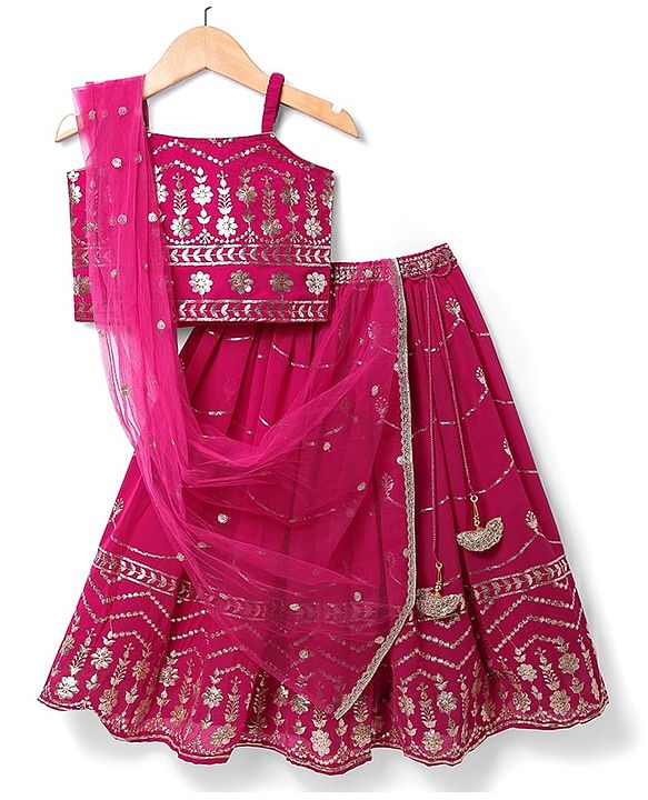 Babyhug Sleeveless Floral Sequenced Embroidered Choli Lehenga & Dupatta Set with Tassel Detailing - Dark Pink