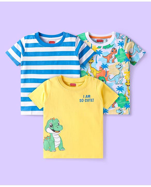 Babyhug Cotton Knit Half Sleeves T-Shirts With Stripes & Dino Print Pack of 3 - Yellow White & Blue