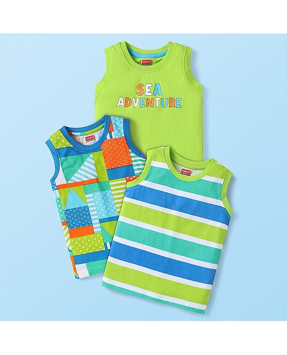 Babyhug Cotton Knit Sleeveless Tank T-Shirt with Nautical Theme Print & Stripes Pack 3 - Light Green
