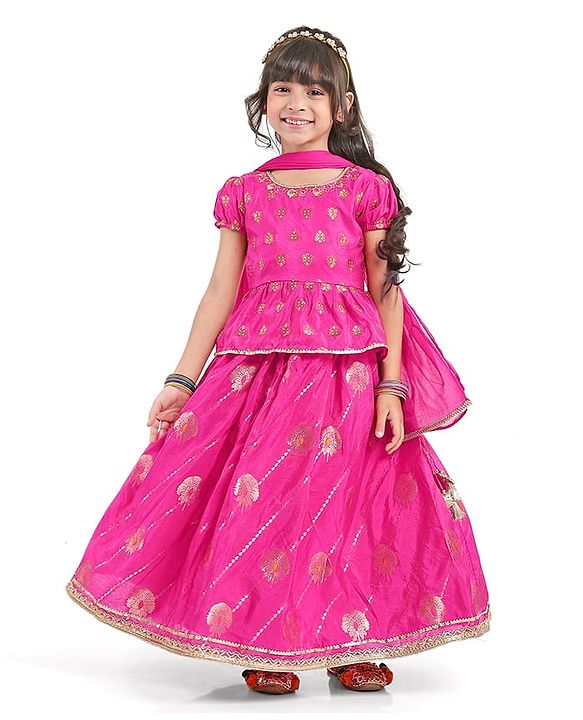 Babyhug Woven Sleeveless Choli & Lehenga with Dupatta Floral Thread Work & Sequin Detailing - Light Green & Pink