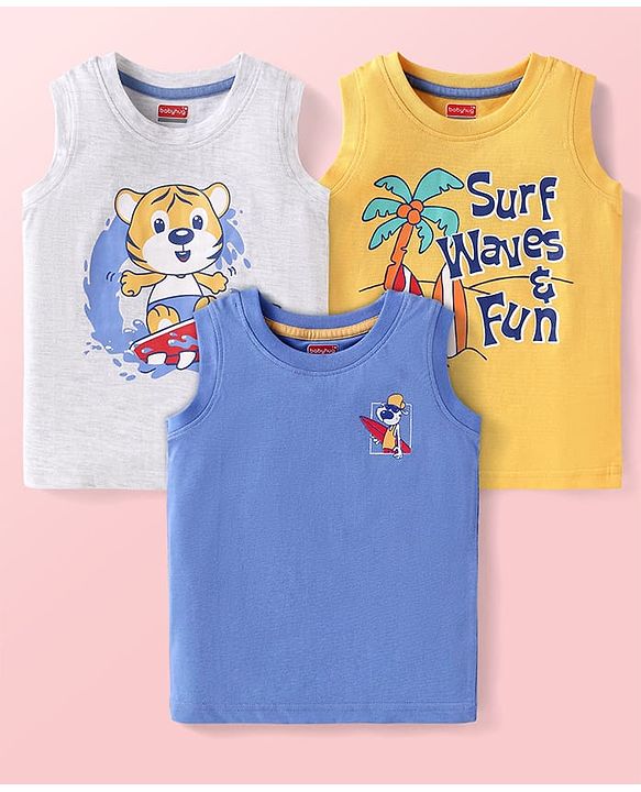 Babyhug Cotton Knit Sleeveless Tank T-Shirts with Beach Theme Print Pack of 3 - Yellow Grey & Blue