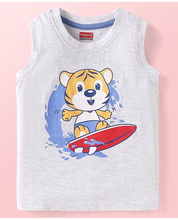 Babyhug Cotton Knit Sleeveless Tank T-Shirts with Beach Theme Print Pack of 3 - Yellow Grey & Blue