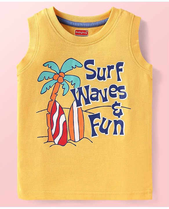 Babyhug Cotton Knit Sleeveless Tank T-Shirts with Beach Theme Print Pack of 3 - Yellow Grey & Blue