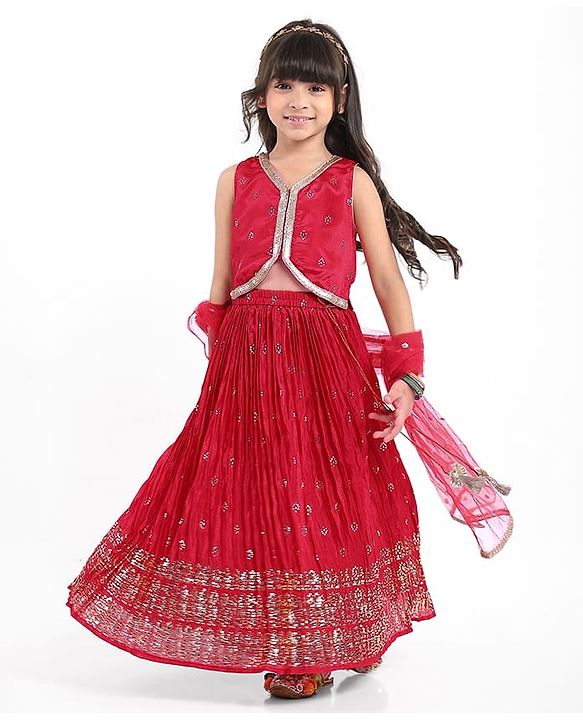 Babyhug Woven Sleeveless Choli Lehenga Set with Dupatta & Rhinestone Lace Detailing - Red