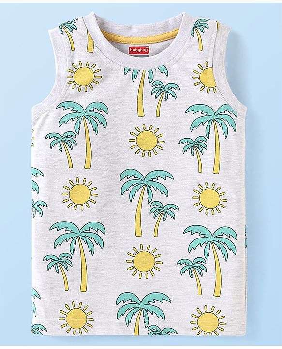 Babyhug Cotton Knit Sleeveless Tank T-Shirts with Beach Theme Print & Stripes Pack of 3 - Yellow Grey & Red