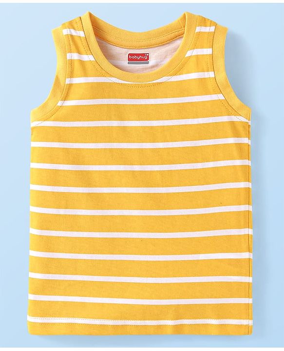 Babyhug Cotton Knit Sleeveless Tank T-Shirts with Beach Theme Print & Stripes Pack of 3 - Yellow Grey & Red