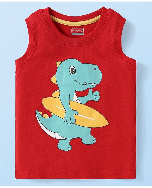 Babyhug Cotton Knit Sleeveless Tank T-Shirts with Beach Theme Print & Stripes Pack of 3 - Yellow Grey & Red