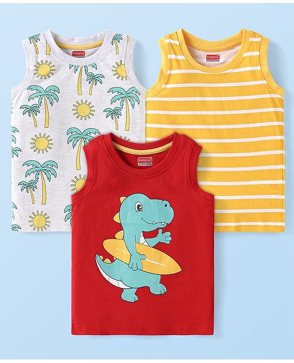 Babyhug Cotton Knit Sleeveless Tank T-Shirts with Beach Theme Print & Stripes Pack of 3 - Yellow Grey & Red
