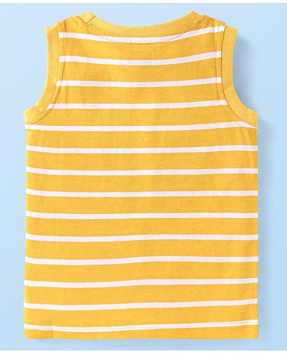 Babyhug Cotton Knit Sleeveless Tank T-Shirts with Beach Theme Print & Stripes Pack of 3 - Yellow Grey & Red