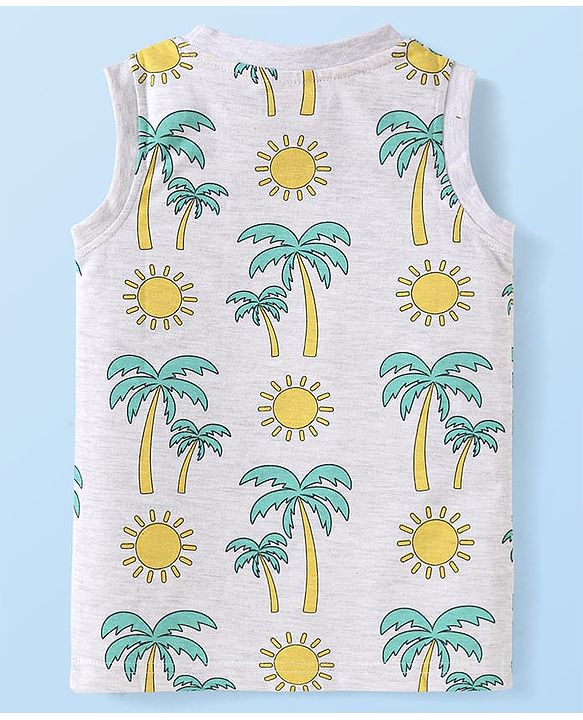 Babyhug Cotton Knit Sleeveless Tank T-Shirts with Beach Theme Print & Stripes Pack of 3 - Yellow Grey & Red