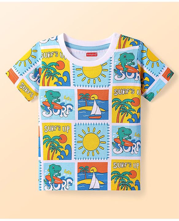 Babyhug Cotton Knit Half Sleeves T-Shirt With Beach Theme Print - White & Light Blue
