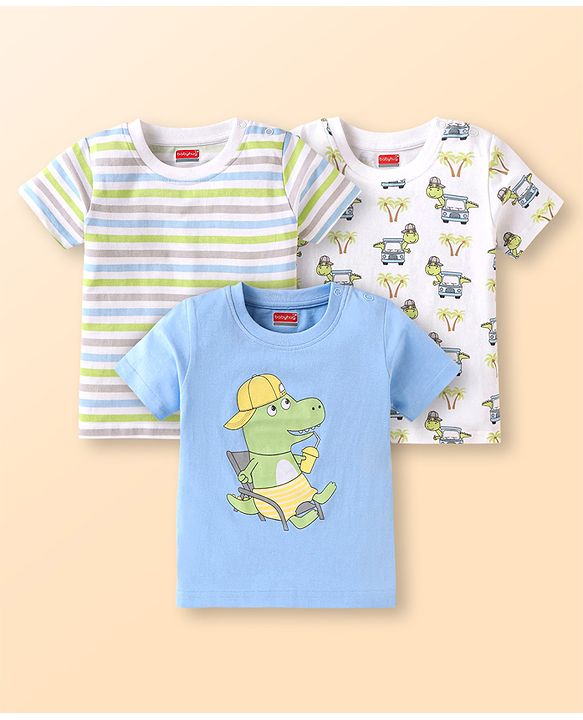 Babyhug Cotton Knit Half Sleeves T-Shirts with Beach Theme Print & Stripes Pack of 3 - Light Blue & White