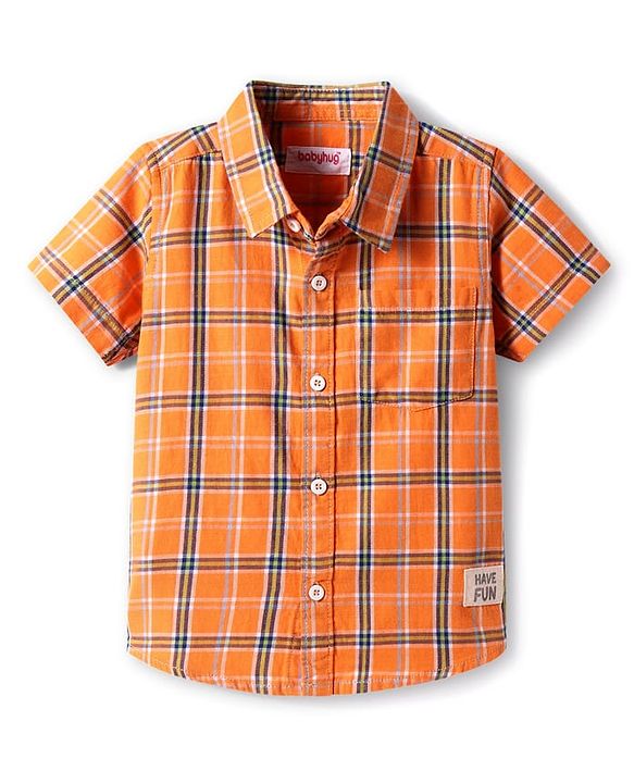 Babyhug Cotton Knit Half Sleeves Checkered Shirt - Orange